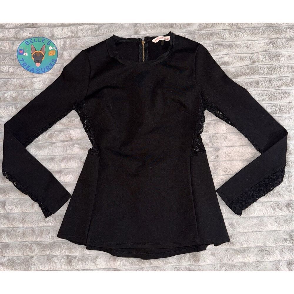 Rebecca Taylor Black Long Sleeve Lace Trim Peplum Top Sexy Girl Boss Womens Sz 0 - Picture 1 of 9